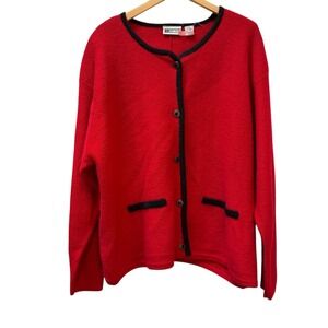 Vintage RRUSS Signature Women's Red Black Trim 100% Wool Cardigan Sweater 3X